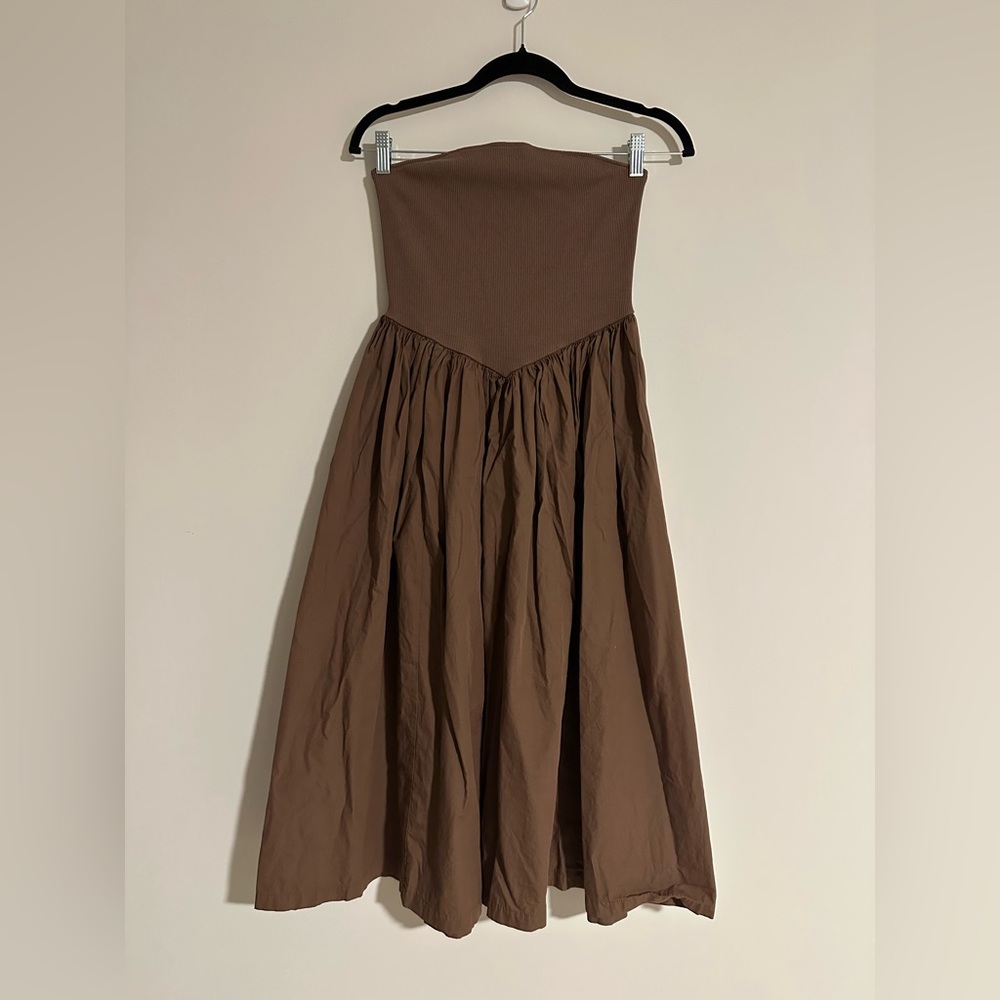 Anthropology Brown Strapless Basque Waist A-Line Midi Dress